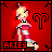 A 4x3 contact sheet of a pixel art animated icon featuring a red-haired female character in a pink and white dress with the Aries zodiac symbol, displayed on a solid red background.
