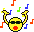 Pixelated yellow avatar with black sunglasses and red mouth, surrounded by floating musical notes in multiple colors.