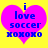 A bright yellow background features a pink heart shape with blue text reading "i love soccer HONKHO" in pixelated font.