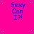 Bright pink background with scattered cyan dots and repeated blue text "Sexy Can I?!" in a pattern