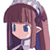 Pixelated anime-style character icon with long brown hair, blue eyes, and a white-and-purple outfit holding a dark object near the face.