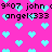 Pixelated pink background with repeating cyan hearts and black text reading ' john' and 'angel<333' in multiple