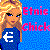 Pixelated character with blonde hair and blue eyes wearing a dark blue shirt with white symbol, standing against blue patterned background with pink text.