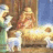 Animated icon with golden throne, white dog, and blue sky background; text cycles through 'happy', 'birthday', 'jesus' in sequence.