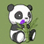 Pixelated panda holding bamboo with purple flower, wearing red apple hat with green leaf, sitting among red flowers on blue background.