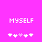 Pixelated text 'MYSELF' in white on bright pink background with five pixel hearts below, two variations of heart animation.