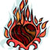 A pixelated icon depicts a dark red circular core with swirling patterns, surrounded by jagged orange and yellow flame-like extensions against a white background.