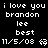 Pixelated text displays 'i love you brandon lee best 11/5/08' repeated across three with heart symbols, transitioning from black background to gray in the bottom-right corner