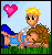 Pixel art buddy icon showing two cartoon characters lying on grass with a pink heart above them, rendered in 8-bit style with limited color palette.