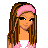 Pixel art contact sheet showing three frames of a blonde female character in pink and blue attire with repeated text elements.