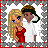 Pixel art buddy icon featuring two cartoon characters and text within a heart-patterned border, displayed as part of an animated contact sheet with visible frame differences.