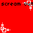 Red background with repeating black text 'scream' and white pixel art icons showing stacked squares and dots in two alternating positions.
