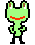 Green pixelated frog with red mouth, brown eyes, and black limbs in three vertical of pixelated frames showing progressive size reduction from left to right