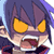 Pixelated cartoon character with purple hair, yellow eyes, and open mouth showing teeth and tongue, wearing dark clothing with red accents on a white background.