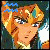Pixelated anime-style character with orange hair and teal headpiece, showing three variations of blue text above the head.