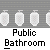 Pixelated with repeated 'Public Bathroom' text and blue figures in various poses, including one with a speech bubble reading 'Ahhh What's that'