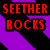 Pixelated text 'SEETHER ROCKS' repeated in six color variations across a purple and black striped background.