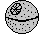 Four pixelated circular icons arranged in a , each depicting a spherical object with textured surface and central indentation