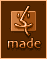 Brown square icon with orange border, pixelated figure in square, text below reads 'made' in brown letters.