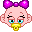 Pixel art contact sheet of a baby chick character with pink skin, purple bow, yellow beak, and blue eyes across eight animated frames showing eye expressions and closed-eye states.