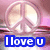 Pixelated peace sign icon with blue banner reading 'I love u' over pink and purple gradient background.