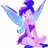Pixelated fairy-like figure with blue wings and pink-purple hair against white background, next to purple with cyan text