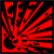 Red and black radial burst pattern with central dark shape, animated sequence showing progressive pixel distortion