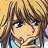 Pixelated anime-style portrait of a character with brown hair and bangs, light skin, and a blue garment visible at the bottom edge.