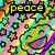 A colorful pixelated image with a rainbow gradient background, featuring a cartoonish face with a wide open mouth and multiple stars, with text reading "peace on earth!!" in different colors.