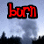 Red pixelated text 'burn' and 'sizzle' appear over a city skyline with smoke against a light blue sky.