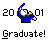 Pixelated icon shows a blue-robed figure with yellow accents holding a white object, flanked by '20' and '01' text above 'Graduate!' on gray background.