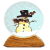 A snowglobe animation featuring a cartoon snowman with a black top hat and brown scarf, holding a guitar-like instrument inside a light blue glass sphere on a brown base.