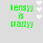 Green pixelated text on gray background with white heart icons, displaying phrases about 'kensy'