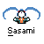 Pixelated character with blue pigtails, white face, and orange-and-green outfit against gray background; text 'Sasami' below.