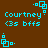Brown background with cyan text and pixelated icons showing 'Courtney' and '(3s bffs)' in a pattern, alternating between full text display and partial icon-only views