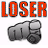 Two animated frames of a buddy icon showing the word "LOSER" in pixelated text above two gray fist icons, with the left frame having red text and the right frame having black text.