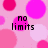 Pink polka-dot background with two text phrases: 'no limits' on the left and 'no fear' on the right, both in black pixelated font.