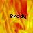A fiery background with three instances of the text 'Brody' in black pixelated font, one on each visible