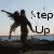 Silhouetted figures of two people holding hands and jumping on a beach at sunset with "Step Up" text overlay.