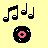 Pixel art icon with musical notes above a vinyl record, text 'Girl, Put Your Records On' repeated in pink and black on yellow background.