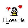A 4-frame pixel art animation of a stick figure character with white head and yellow body, surrounded by red hearts, displaying subtle pose changes across frames beneath the text "ILoveMe" on gray background.