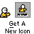 Animated contact sheet of a yellow stick figure icon performing various actions with text "Get A New Icon" below each frame.