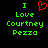 Green pixelated text reads "I Love Courtney Pezza" with a red heart symbol replacing the word 'love' on one side of a split-screen display.