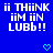 Blue background with white pixelated text reading "ii THiiNK iiM iiN LUBb!!" and two cyan pixelated hearts at the bottom.