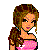 Pixel art contact sheet showing six frames of a female character in pink and white clothing with brown hair, displayed on a gray background.