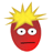 Red oval-shaped face with spiky yellow hair, wide white eyes with black pupils, and a straight horizontal mouth on a gray background.