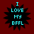 Four identical pixelated icons with cyan text "I LOVE MY BFFL" on black starburst shapes against a dark red background.