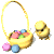 Animated sequence of yellow chick and Easter basket icons with color variations in background, props, and character pose.