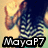 Pixelated image of a person in dark clothing making a hand gesture with light background and text reading 'Maya P7' at bottom.