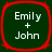 Four identical square icons with rounded corners, each featuring dark green background and red border displaying "Emily + John" in white text.